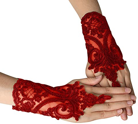 Uposao Frauen Spitze Handschuhe,Kurz Spitzenhandschuhe Hochzeit Braut Hochzeitshandschuhe UV-Schutz Fingerlose Handschuhe Damen Mädchen Party Tea Halloween Karneval Kostüm Zubehör,Rot