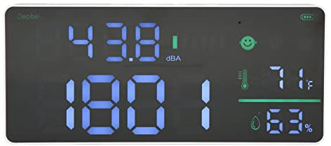 Schallpegelmesser, 30‑130 DB 4-in-1-Dezibelmesser, Luftfeuchtigkeits- und Temperaturuhr, USB-betriebener, an der Wand Montierter Lärmmesser mit 11-Zoll-LCD-Digitalanzeige für