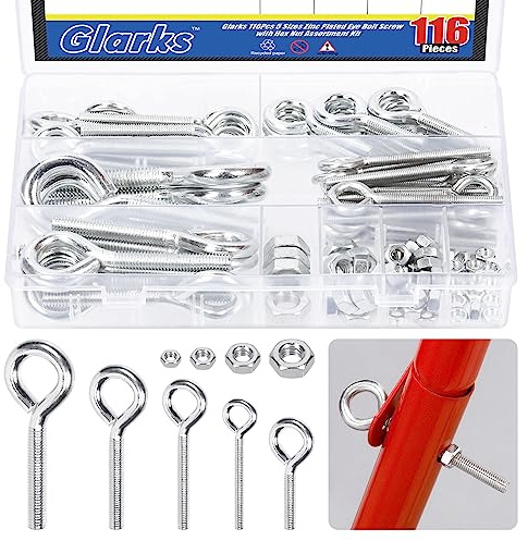 Glarks 116 tornillos de ojo de 5 tamaños con kit surtido de tuercas hexagonales, pernos de ojo cerrados soldados de acero inoxidable, pernos de ojo roscados resistentes con tuercas para aplicaciones