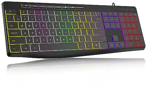 Computer Keyboard Wired,7-Color Rainbow LED Backlit, Quiet Light Up Keyboard with Multimedia Keys,Low Profile Chiclet Keys,Large Number Pad,Spill-Resistant, Anti-Wear Letters for Windows Mac PC Laptop