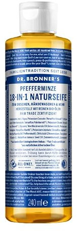 Dr. Bronner's Savon naturel 18 en 1 à la menthe poivrée - Savon liquide biologique - Menthe poivrée - Gel douche, savon pour les mains, shampooing et bien plus encore - Avec huile de noix de coco,