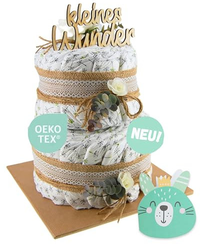 Windeltorte ® Vintage Torte [JUTE & HOLZ] - Jungen & Mädchen - Neutral Unisex - Geschenk zur Geburt - Baby Party - Babyshower - Pullerparty - Caketopper (Boho - Vintage - KLEINES WUNDER - 2-stöckig)