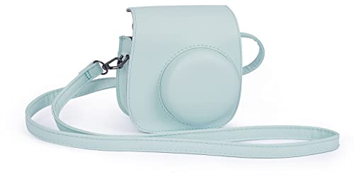 Riosin Instant Mini12 Protective Case for Instax Mini 12/11-Mint Green | Premium Leather Camera Bag Cover|with Film Pocket|Removable&Adjustable Strap