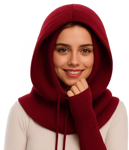 HEYANN Mütze Damen Winter,Balaclava Hut Kapuzen-Schal Sturmhaube Winter Kaschmir Strickmütze Mütze Skimaske Skimütze Outdoor Winddichter Frauen Sturmhaube Kapuze Huts (Rotwein)
