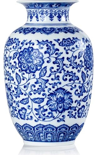 Qinlang 9 in Small Ceramic Vases for Flowers, Blue and White Flower Vase for Centerpieces - Lotus Pattern