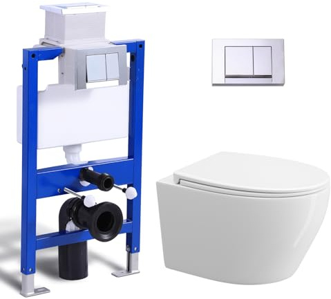 WC suspendu et élément mural complet - WC avec réservoir de chasse encastré, plaque de déclenchement WC, WC mural avec couvercle à fermeture automatique Soft-Close en polypropylène, WC blanc avec