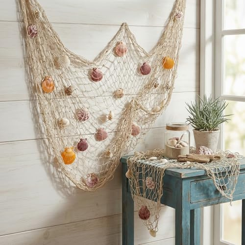 MIJOMA Deko-Fischernetz 100 x 200 cm – Muschelbesatz im Naturton – maritimer Wandakzent – für Wohnzimmer, Bad und Beachparty
