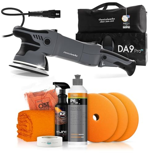 Poliermaschinen Set: chemicalworkz DA9 Pro Max Exzenter Poliermaschine + Koch Chemie One-Step Politur + Royal Pads Polierpads + Zubehör - Auto Lack, Kratzer entfernen, Aufbereitung | 8-teilig