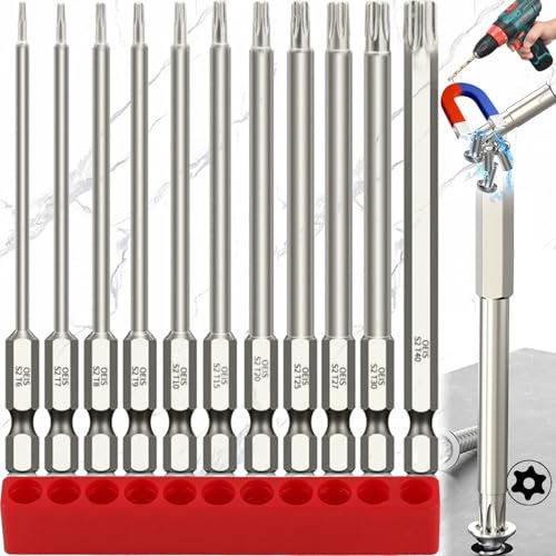 Benaton 11 Pièces Jeu d'Embouts De Tournevis Torx Long, Sécurité Inviolable Tournevis, 1/4 Tournevis Torx à Tête Tige Hexagonale, 1,7-6,65mm(T6, T7, T8, T9, T10, T15, T20, T25, T27, T30, T40)