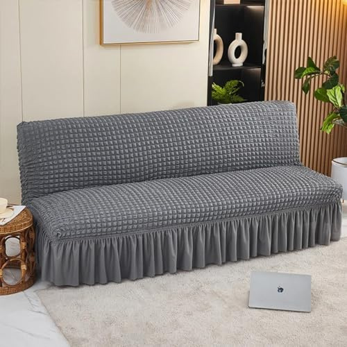 OKJK Copridivano Senza braccioli, Copridivano Seersucker con Gonna, per Soggiorno Camera da Letto copridivano AntiGraffio Gatto, Protezione per mobili in Tinta Unita (Light Gray,L 190-210cm)