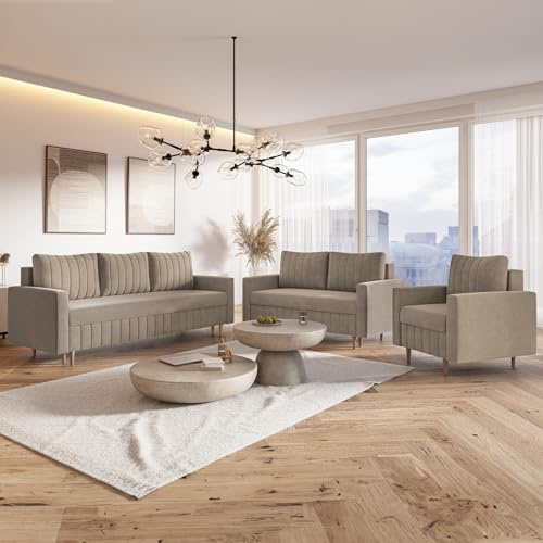 MOTIVENA Leo Sofagarnituren, Sofa Set 3 2 1 Wohnzimmer, Couch Set, Bonellfederkern (H4), Samt Beige