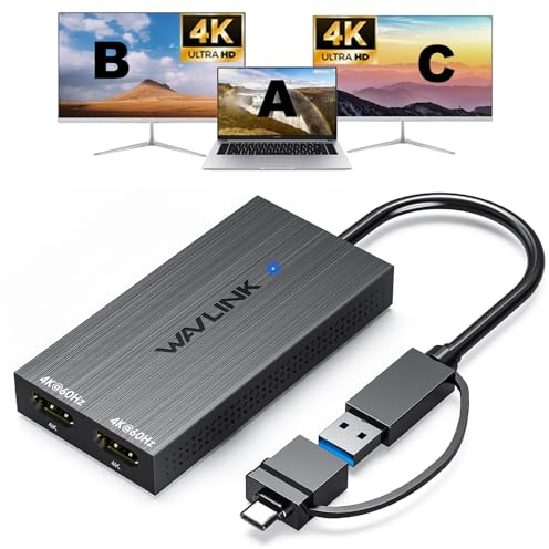 WAVLINK Adaptador USB 3.0 o USB C Displaylink Dual HDMI 4K 60Hz para Monitores Dobles, USB A/C a Salida HDMI 4K para Mac M1/M2/M3 o Windows 10/11