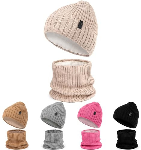 Molti Merinowolle Winter Warm Mütze und Loop Schal Set mit Fleece Gefütterte für Kinder Jungen Mädchen, Wintermütze Strickmütze Beanie Schlauchschal Halswärmer (Beige)