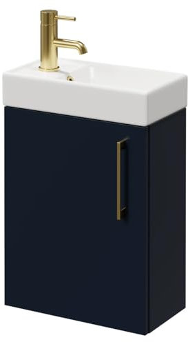Mobile da bagno moderno blu scuro da 400 mm con maniglia in ottone spazzolato, 1 foro per rubinetto e porta singola, design compatto per piccoli spazi