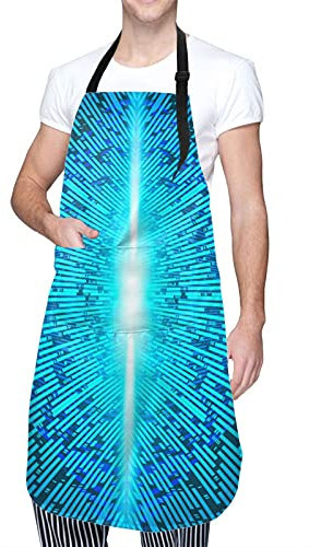 Delantal Cocinade Textura De Placa De Circuito con Código De Neón Azul Brillante Trabajo Delantal con Bolsillos Delantal De Cocina Hombres Profesional Delantal, para Baristas, Barbacoa