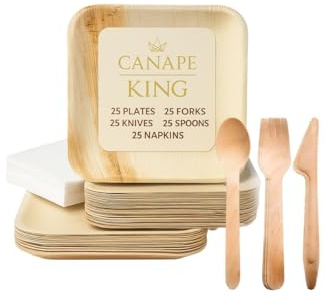 Canape King 125 pcs Disposable Palm Leaf Plates and Cutlery Set - 25x Square Plates, Forks, Knives, Spoons, Napkins - Eco-Friendly Wedding Party Picnic Biodegradable Dinnerware Bundle