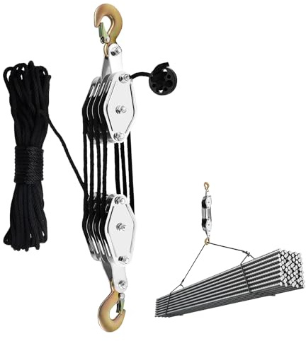 Flaschenzug mit Seilbremse 2000kg Tragkraft, 20m Nylon Seil und 270° Drehbarer Haken für Industrielle Baustellen, Transport Schwerer Lasten, Manueller Hebezug,8-fache Arbeitsersparnis