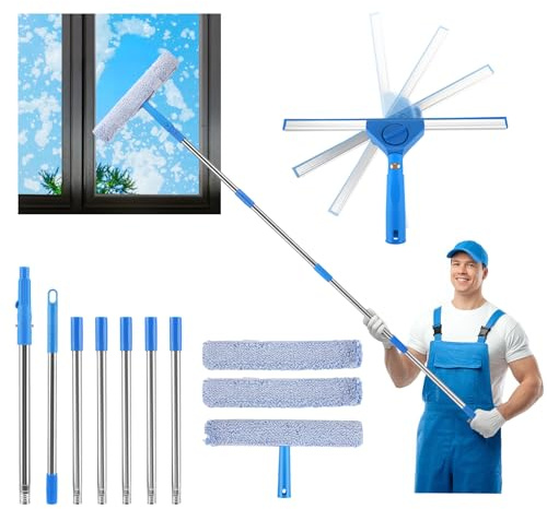 Window Cleaning Kit-Long Reach Window Cleaning Equipment with 8-Section Extension Pole (3.1m),Squeegee,Scrubber & 3 Microfiber Pads,Professional Window Cleaner Tool for High Windows,Window Washing Kit