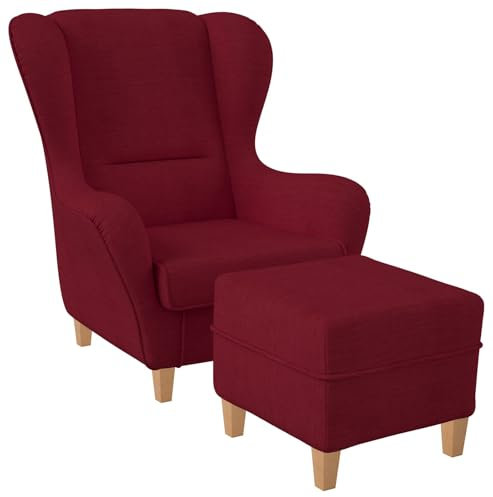 Supellex Sofia Ohrensessel mit Hocker, Sessel Wohnzimmer, Stil Relaxsessel, Hohe Rückenlehne, moderner Fernsehsessel, Loungesessel, Polstersessel, Design Vienna Rubin-Rot