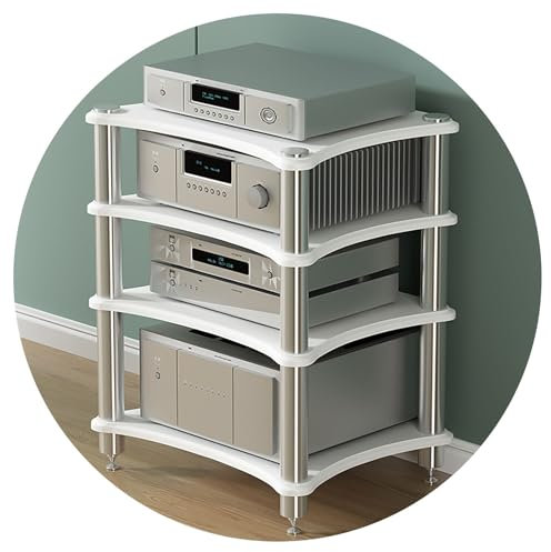 LIUJHGH HiFi-Audio-Rack mit stoßdämpfenden Füßen, Massivholzregal für Streaming-Geräte, Verstärker, Lautsprecher und Medienaufbewahrung(Weiß,4-Tier)