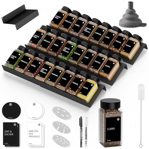 Miorkly Gewürzgläser mit Gewürzregal - 24 Eckige Gewürzdosen mit Etiketten (120ml) & 6pcs Metall-Gewürz Organizer - Schwarzer Deckel,24 schwarze Edelstahldeckel