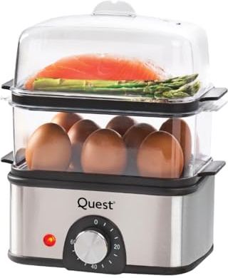 Quest 2-Tier Stainless Steel Egg Boiler & Food Steamer / 8-Hole Egg Cooker & Steaming Rack / 500ml Capacity / 60 Minute Timer & Auto Cut-Off (34349)