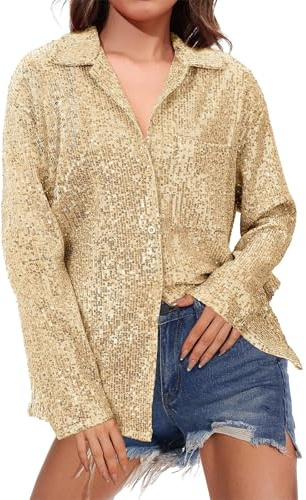 2025 Top Lentejuelas Mujer Noche Camisa Mujer Elegante Y Elegante Blusa Brillante Blusas Solapa Top Manga Larga Casual Ropa Color Sólido Camisa Personalizado Loungewear, dorado, XL