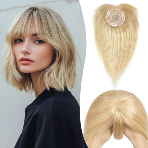 S-noilite Echthaar Hair Topper für Frauen mit Pony Haarteile für Dünnes Haar Echtes Menschliches Haar Mono Basis Clip in Haarverlängerung 35cm - 38g #18/613 Light Aschblond/Weißblond