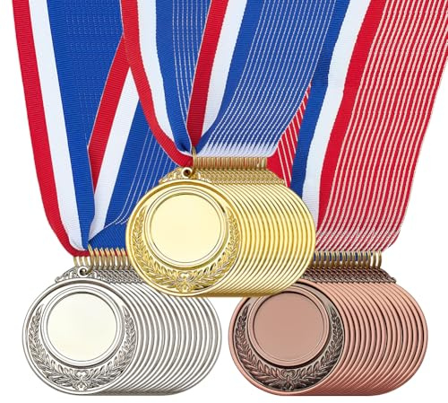 FINGERINSPIRE 48Pz Medaglie Premio Vuote con Nastri per Il Collo, 74cm di Lunghezza in Oro/Argento/Bronzo Antico Crea Il Tuo Kit di Medaglie Medaglia da Tifo Premio per Competizioni di Giochi Sportivi