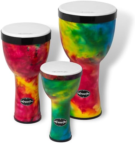 World Rhythm Djembe Set 3 Größen Regenbogen | Nesting Djembe Set 8, 10 & 12, leicht mit Synthetikfellen & Taschen, ideal für Schule, Gruppen & Unterricht