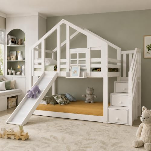 Merax Etagenbett für 2 Kinder 90x200cm, Hochbett Hausbett mit Rutsche & Stauraumtreppe & Fenstern, Kinderbett mit Rausfallschutz & 2 Lattenrost, Stockbett Holzbett Jugendbett für Kinderzimmer, Weiß