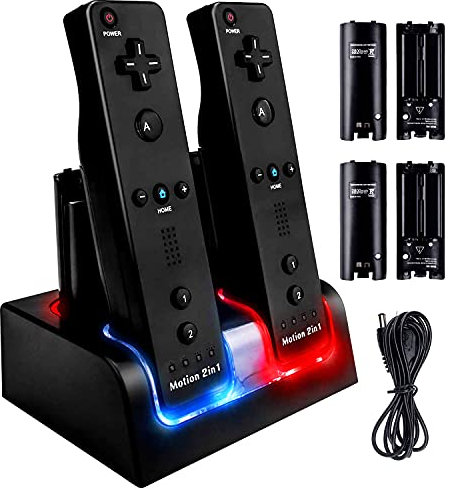 TechKen Charging Docking Station for Wii Controller, Remote Charger Dock Stand Cable Adapter with 4 Rechargeable Batteries (Black)