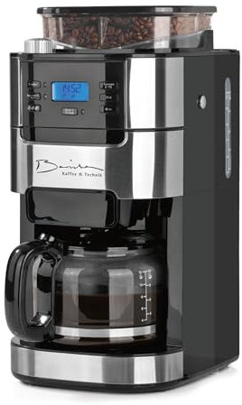 Barista Kaffee & Technik Cafetera de Filtro Con Molinillo | Jarra de Vidrio Para 12 Tazas | Para Café en Grano y Polvo [1,5 Litros, 900 Vatios, Acero Inoxidable]