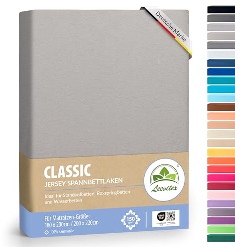 Boxspringbett & Wasserbett Spannbettlaken von leevitex® | Spannbetttuch | ÖKO-TEX | 180x200 – 200x220 cm | 100% Jersey-Baumwolle | 150 g/m² | 40 cm Steg | Silber/Hellgrau