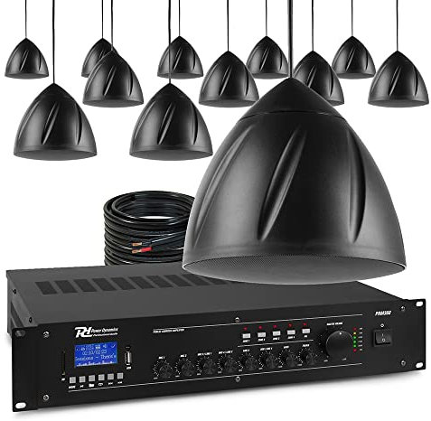 Power Dynamics Black Pendant Speaker System with 12x 5.25 Speakers & 4-Zone Mixer Amplifier - 100V Commercial PA for Warehouse, Restaurant, Church, Retail, Supermarket Audio Installation