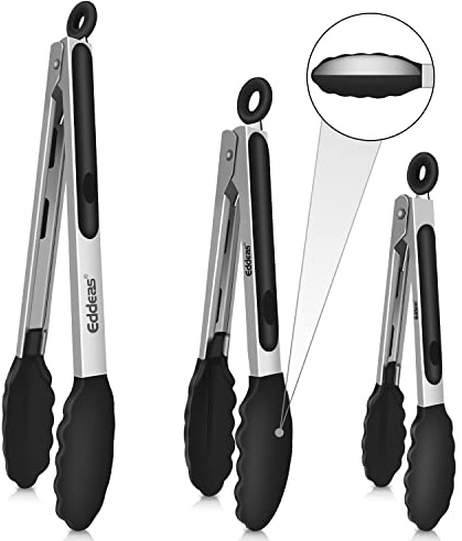 Eddeas Kitchen Tongs with Silicone Tips, Tongs for Cooking Heat Resistant 600 Degrees Stainless Steel Locking Tong - 7 9 & 12 inch Silicone Tong Non-Stick, Black Set of 3
