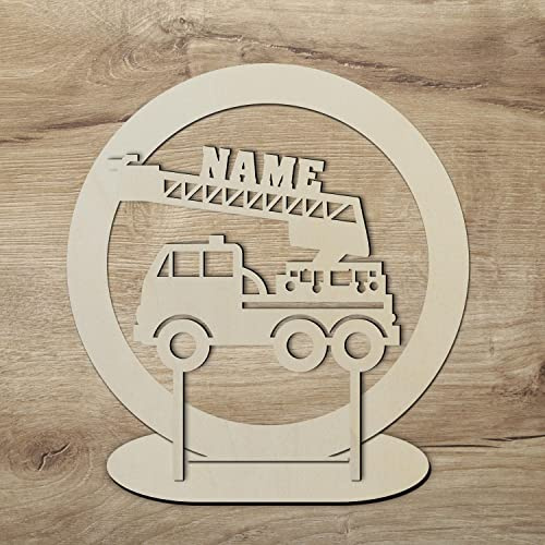 Namofactur personalisierter Cake Topper Feuerwehrauto mit Namen | Mit Wunschname, Gestell und in verschiedenen Farben wählbar; LED-Hintergrundbeleuchtung für die spätere Raumdeko optional