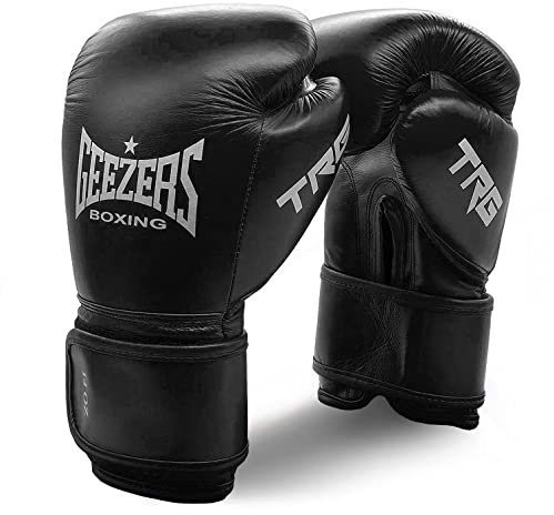 Geezers Boxing, Premium Leather TRG Training/Sparring Boxing Gloves, Hook and Loop gloves, Mens Womens Boxing gloves, ideal for punch bag, sparring and mitts pads training (16oz, Black)