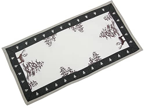 HanaQi Weihnachten - Winter - Hirsch Stickerei Leinenoptik Polyester Tischläufer ca. 35 x 69cm, Grau - Weiß