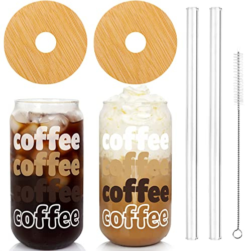 ANOTION Iced Coffee Cup with Lids and Straw, Beer Can Glass Bamboo Cover Straw 20 Oz/568ml Reusable Drinking Glasses Tumbler for Travel Office Home Ice Tea Margaritas Soft Drinks Juice, Brown