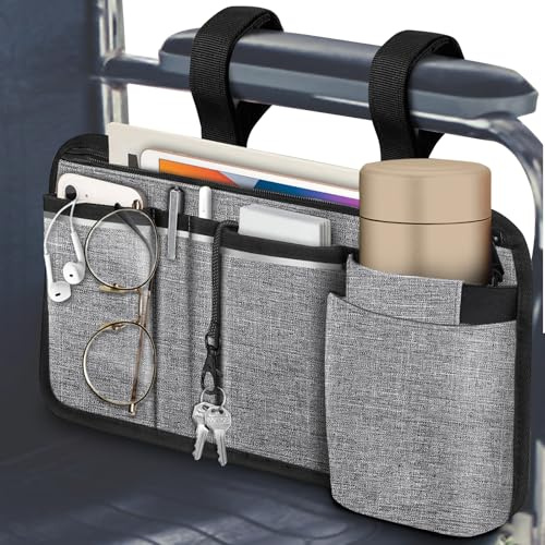 FINPAC Wheelchair Side Storage Bag w/Cup Holder, Wheelchair Armrest Accessories Pouch with Pen Slot and Reflective Strips for Power Walkers, Rollators, Seniors - Gray