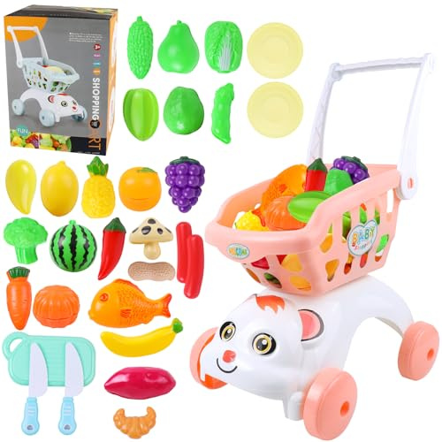 AnJeey Jouet de Chariot de supermarché pour Enfants avec Aliments, Fruits et légumes à découper Ensemble de Jeu de 29 pièces pour Les Jeux de rôle d'enfants Un Cadeau éducatif de Jouet