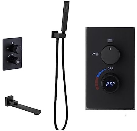 2023 New Digital Bathtub Black Wall Mount Shower Faucet System， Luxury Bathroom Shower Mixer Set，Rain Shower Head Brass Handheld LED Shower Panel