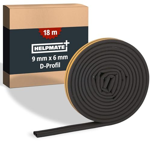 HjälpMATE – självhäftande tätningstejp för fönster och dörrar – fönstertätning/dörrtätning för isolering av luckor med 3 till 5,5 mm bredd – tätningstejp 9 x 6 mm (D-profil | 18 meter | svart)