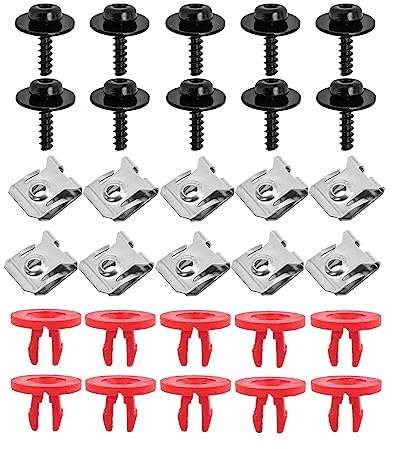 JNNJ 30 Pièces U-Clips et Vis Carrosserie, Metal écrous Et Boulons Pour Clips Fixation Voiture, Clip Fixation En Métal En Forme De U Avec Vis Autotaraudeuse à Tête Hexagonale, Pour Ailes Voitures