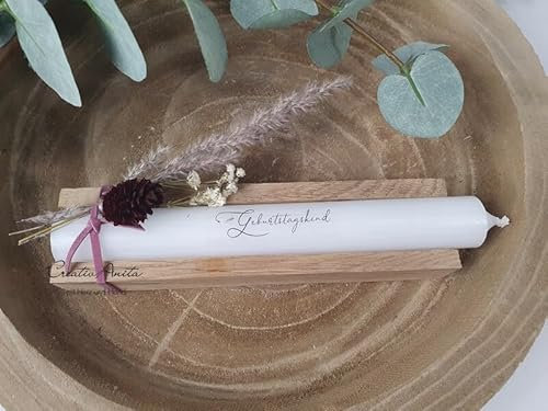 Geschenkkerzen - Stabkerze mit Spruch -Geburtstagskind- Dekoriert mit Holz