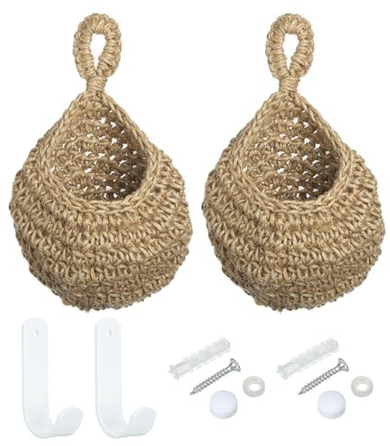 PATIKIL Hanging Fruit Baskets for Kitchen, 2 Pack Small Size Teardrop Home Decor Storage Hand-Woven Wall Hanging Basket for Garlic Potato Vegetable, Brown