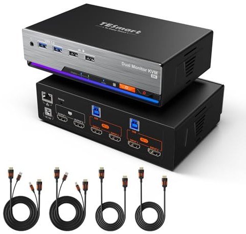 TESmart HDMI 2.1 8K@60Hz KVM Switch 2PC 2 Monitor, 2 Port KVM 4K@144Hz | USB 3.0 5 Gbps, Gigabit Network, EDID Emulator, Hotkey/Mouse Wheel/Button/IR Remote Switch,for Studio & Esports Rigs