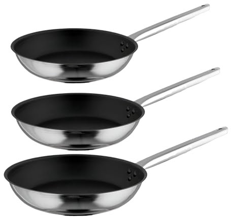 MBH - Pack de 3 sartenes INOX PRO profesionales de acero inoxidable y antiadherente. Compatibles con inducción, cocina de gas, vitrocerámica y cocina eléctrica. Diferentes tamaños: 20cm, 24cm y 28cm.