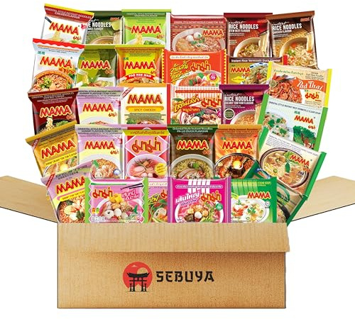 Sebuya Instant nouilles boîte, 30 variétés différentes de MAMA, avec crevettes, poulet, bœuf, Yentafo Tofu, Pad Kee Mao, Pa-Lo canard, Ramen canard, légumes, soupe claire, Pad Thai (Paquet de 12)